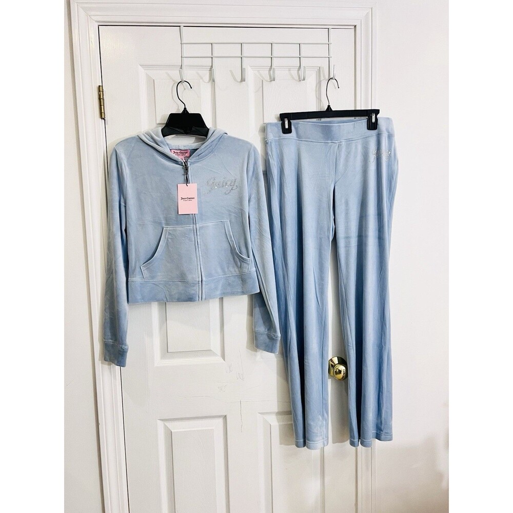 Juicy Couture Size L Velour Tracksuit Hoodie & Pants Frosted Blue Front Logo Y2K
